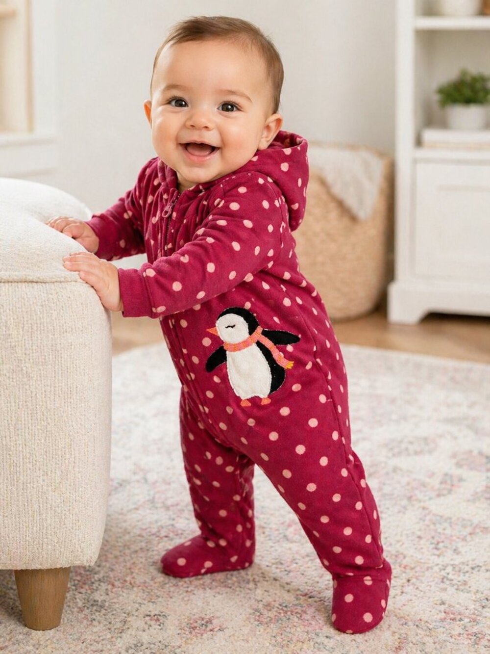 Carter's raspberry Fleece Penguin Sleep & Play - Pink Polka Dots - 3-6M